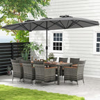 Tangkula 10 Pieces Patio Wicker Dining Set w/Double-Sided Patio Umbrella, Outdoor Acacia Wood Furniture Set w/ 8 Armchairs, 71” Dining Table & 15 ft Umbrella with Weighted Base (Gray)