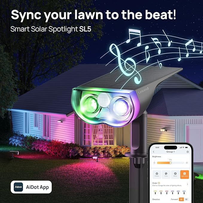 Linkind Smart Solar Lights Outdoor SL5 with Motion Sensor, APP Control Color Changing Solar Spot Lights Outdoor, St. Patrick's Day Decorations, IP65 Landscape Lighting for Yard, Garden, Path(6 Pack)