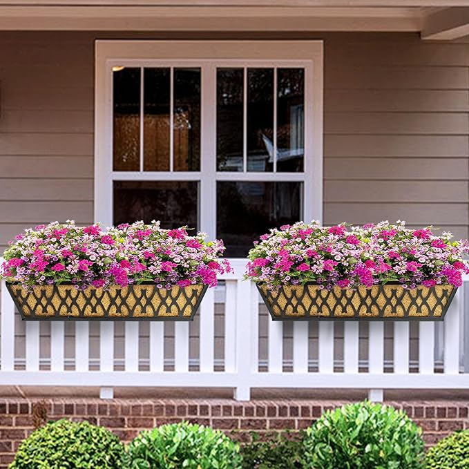 6 Pack 24 Inch Window Boxes Planters Railing Planter Box with Adjustable Brackets for Porch Fence Patio Balcony Hanging Flower Baskets with Coco Liners for Outdoor Garden Decor - Black