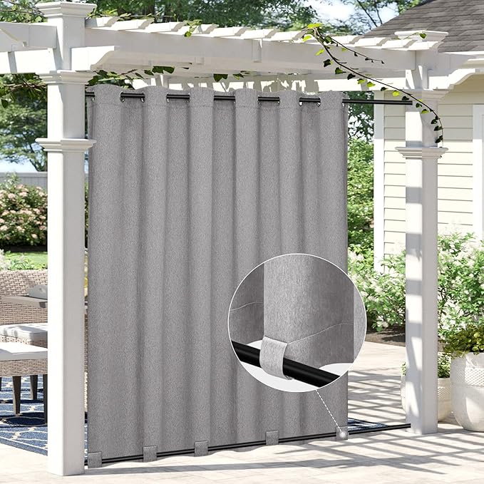 Easy-Going Linen Look Outdoor Curtains Waterproof Windproof Porch Curtains, Soft Thicken Outdoor Privacy Curtains for Patio, Gazebo, Grommet Top and Tab Bottom Drape, 1 Panel, 110x120 inch, Grey