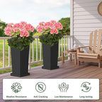 Tall Outdoor Planters Set of 2, 26 inch Tall Planters for Outdoor and Indoor, Metal Tapered Pots with Drainage Holes & Insert Shelves & Trays for Porch, Garden, Patio, Yard
