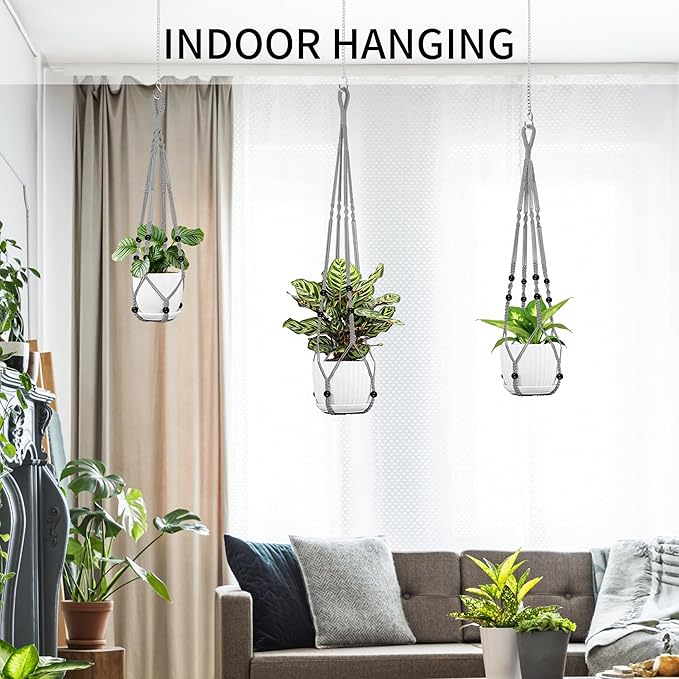 Macrame Plant Hanger - Fits 4 to 15 inches Pots for Indoor Outdoor, 43"/35"/29" Different Sizes Set, Gray (POTS NOT Included)
