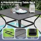 5 Piece Patio Dining Set for 4, 37”x37” Square Table with Umbrella Hole, 4 Metal Red Chairs, Outdoor Table and Chairs Set for Lawn Backyard and Deck