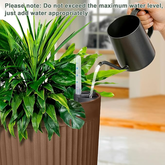 Set of 2 Large Planter Outdoor Self Watering Pots for Indoor Plants, 24" Tall Planters with Drainage Hole for Patio, Garden (Brown Ribbed)