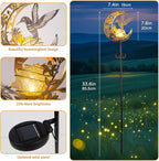 Solar Hummingbird Lights Outdoor Decor - Moon & Bird SolaGardenLights Waterproof, Auto On/Off Pathway Lighting for Yard/Lawn/Patio, Handcrafted Metal Solar-Stake-Lights for Outside Decorations
