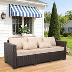 Outdoor Furniture Couch 3 Seater Sofa Outdoor Brown Wicker Sofa Deep Seat High Backrest Patio Couch with Non-Slip Cushions Waterproof Cover, Khaki