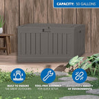 Suncast 50 Gallon Plastic Deck Box with Molded Lockable Feature and Weathertight Construction for Home, Patio, Lawn, and Garden Storage, Gray