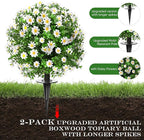 Artificial Topiary Bushes for Outdoors with Spike, Boxwood Ball Fake Shrubs UV Resistant Faux Plants for Indoor Outdoor Fall Thanksgiving Halloween Decor (Sunflower Boxwood White -2 Packs)