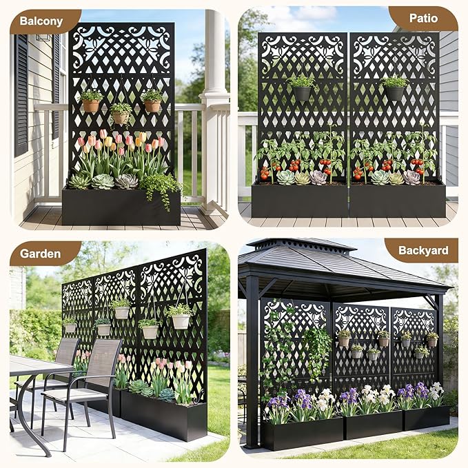 Metal Raised Garden Bed with Trellis & Privacy Screen, 71"x40"x11.8" Galvanized Freestanding Planter Box for Patio Balcony, Modern Planter with Drainage for Climbing Plants, Flowers & Vegetable