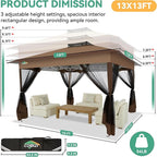 COBIZI 13x13 FT Pop up Gazebo on Clearance - Outdoor pop up Canopy Tent,carpas para Patio, Shelter - Screen Tents with Portable Carry Bag, Patio Gazebos for Camping,Garden,Deck,Backyard,Brown