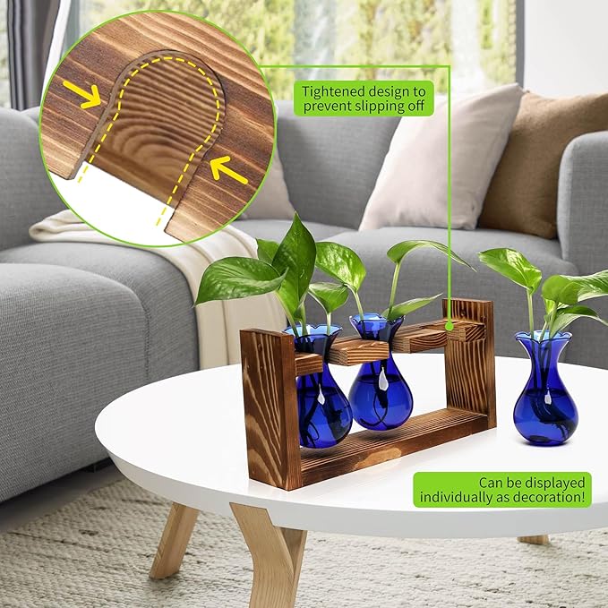 Terrarium Propagation Station, 3 Blue Borosilicate Glass Bulbs, Wooden Stand