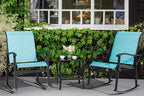 Vongrasig 3 Piece Outdoor Rocking Bistro Set, Textilene Fabric Small Patio Furniture Set, Front Porch Rocker Chairs Conversation Set with Glass Table for Lawn, Garden, Balcony, Poolside (Blue)
