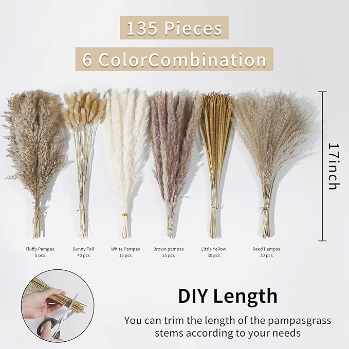 Dried Pampas Grass Bundle, 135 Pieces, Neutral Tones for Home Decor