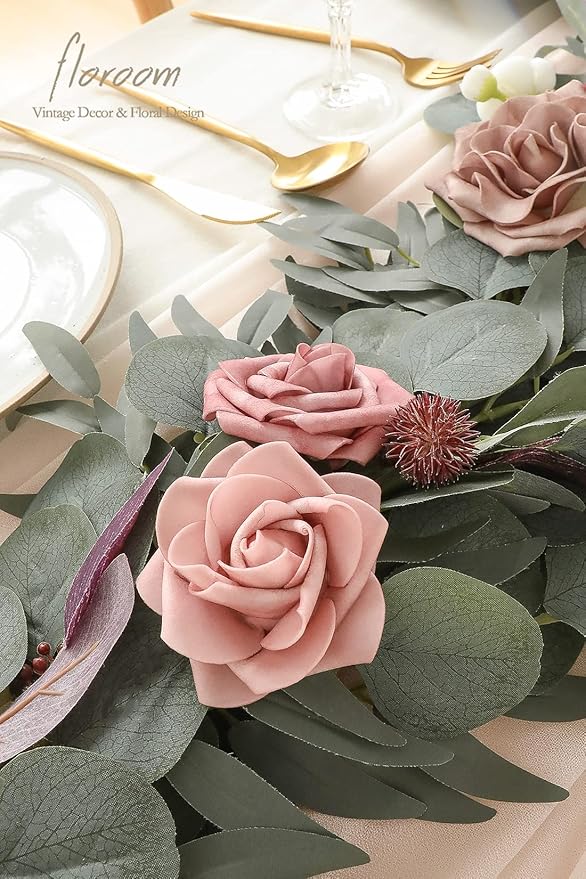 Artificial Flowers Garland, 6ft Eucalyptus Willow Vine in Dusty Rose