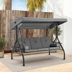 HOMREST 3 Seat Outdoor Porch Swing with 1.5" Deep Cup Holder, Adjustable Canopy,Patio Swing Bed with Stand, Patio Glider Swing with Thicken Cushions, Pillow（Grey）