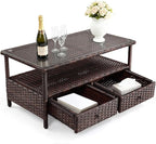 VINGLI Outdoor Wicker Coffee Table with 2 Drawers & Tempered Glass Top, Patio Coffee Table Outdoor Table for Balcony, Porch, Deck
