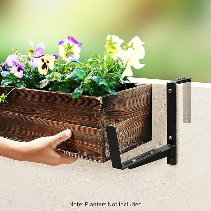 Window Box Brackets, Adjustable Planter Box Brackets, Heavy Duty Iron Flower Box Brackets for Railings, with Enhanced Bottom Support - Perfect for Balconies, Fences, and Gardens (Black, 2 Pack)