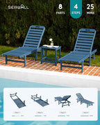 SERWALL Outdoor Chaise Lounge Set of 6, HDPE Pool Lounge Chair with 5-Position Adjustable Backrest, Patio Lounger with Rolling Wheels & Cup Holder for Pool, Navy