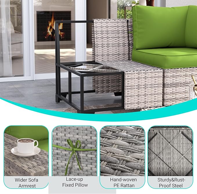 9-Piece Outdoor Patio Furniture Set with Rocking Swivel Chair Wicker Sectional Sofa Set, Patio Conversation Set with Thickened Cushions & Coffee Table for Garden, Backyard, Avocado Green