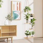Hemp Rope Hanging Window Plant Shelf from Ceiling for Narrow Space Boho Hanging Plant Shelves, Natural Pine Wooden Plant Hanger Display for Indoor