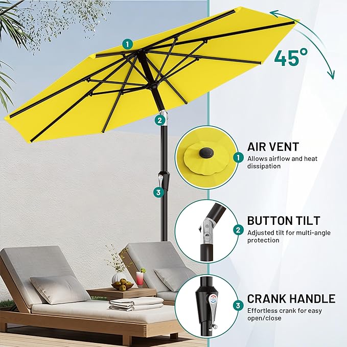 AreShark 9 FT Patio Umbrella for Outdoor, Outdoor Table Umbrella with Push Button Tilt and Crank, Outdoor Patio Umbrellas with 8 Sturdy Ribs for Market, Garden, Pool (Yellow)