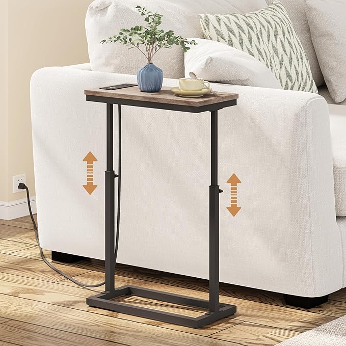 TUTOTAK End Table with Charging Station, Side Table, Tall Couch Table, Sofa Table, Living Room, Bedroom,Greige TB01BG084