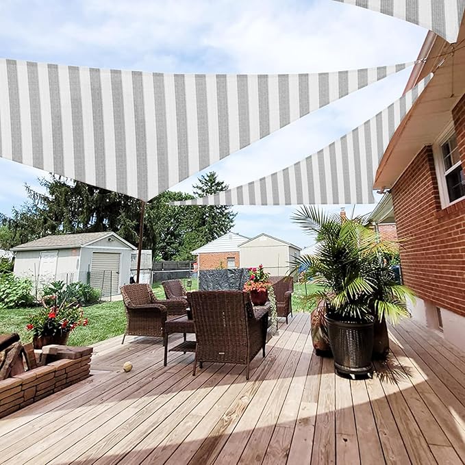 Patio Paradise 15' x 15' x 15' Sun Shade Sail Triangle Canopy Shade Cloth Fabric Sunlight Block Patio Pergola Cover HDPE Deck Awning for Outdoor Backyard Roof Shading, Gray White Strip
