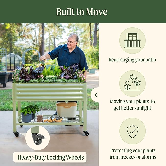 Rolling Elevated Raised Garden Bed-V Series, 2' x 4' Garden Beds with Legs & Storage Rack for Patio & Porch, 700 Lbs Weight Capacity, Outdoor Planter Box for Vegetables Flower Herbs, Olive Green