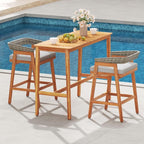 Tangkula 5 Piece Patio Bar Set, Outdoor Acacia Wood Counter Height Table with 4 Cushioned Barstools with Curved Rattan Back and Footrest, for Backyard, Poolside, Balcony