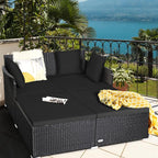 HAPPYGRILL Patio Rattan Daybed Outdoor Loveseat Sofa Set with Padded Cushion Pillows and Sturdy Aluminum Foot Wicker Patio Furniture for Garden Porch Poolside