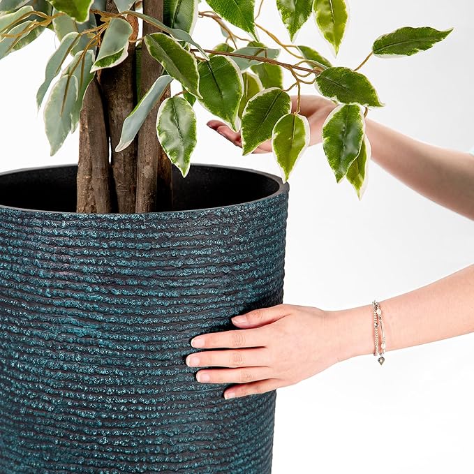 QCQHDU Set of 2 Large Tall Blue Planters with Saucer - 9 Gallon 12" Diameter x 21" H Faux Stone Round Pots for Indoor Plants, Outdoor Patio & Porch Decor, Heavy Duty Weatherproof Plant Containers