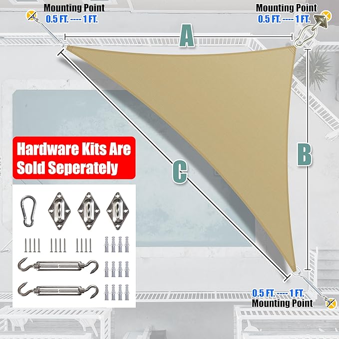 Amgo 24' x 24' x 33.9' Beige Right Triangle Sun Shade Sail UPF50+ Canopy Awning AGSLT, 95% UV Blockage, Water & Air Permeable, 200GSM Heavy Duty Commercial and Residential (We Make Custom Sizes)