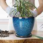 10 Inch Ceramic Planter Pot Round Plant Pot for Indoor Plants Outdoor Large Flower Pot with Drainage Hole and Saucer Blue