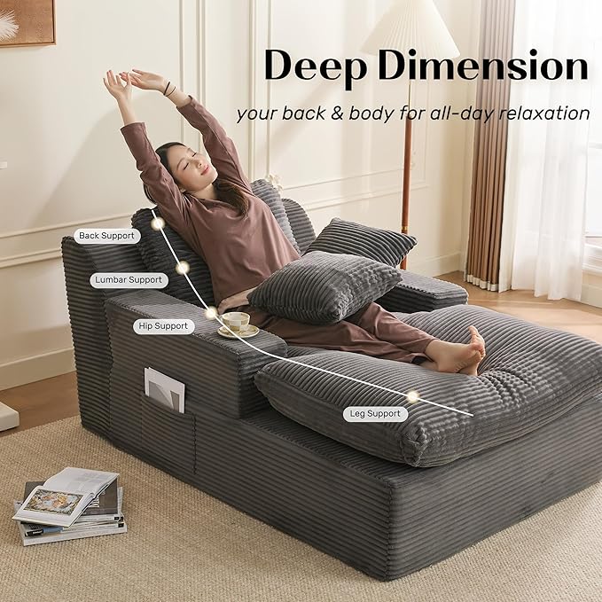 63" Chaise Lounge Chair Indoor, Set of Convertible Sleeper Sofa Couch with Throw Pillows & Side Pockets, Corduroy Upholstered Oversized Sofa Bed with Armrests for Living Room Bedroom, Grey