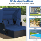 Tangkula Patio Rattan Daybed with Retractable Canopy, Outdoor Wicker Sunbed Lounger with 2 Foldable Side Tables, Thick Seat & Back Cushions, Outside Double Daybed for Garden, Backyard, Porch, Navy