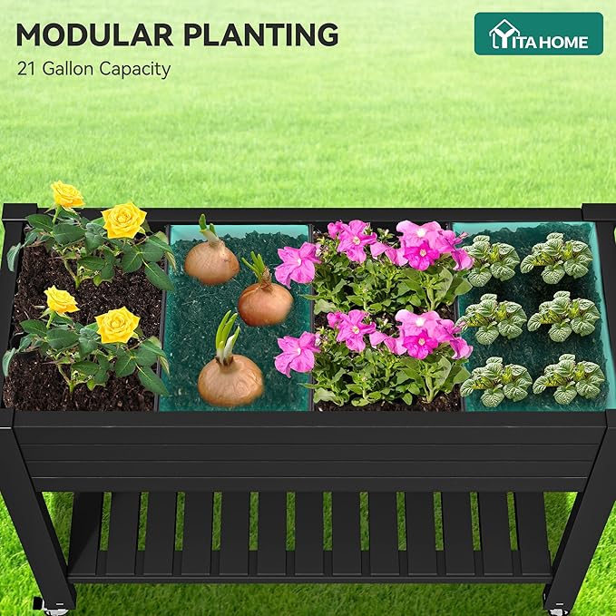 YITAHOME 43.3x17.7x34 in Elevated Garden Bed, Outdoor Plastic Planter Box with Wheels, Legs, Drain Plug, and Storage Shelf for Plants, Vegetables, Flowers, Herbs, Black