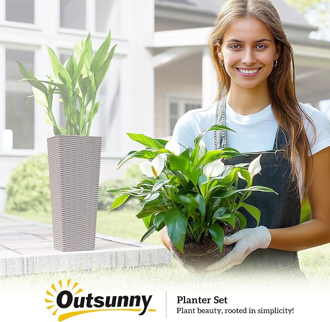 Outsunny 23.6 Inch Tall Planters for Outdoor Plants, Set of 2 Plastic Rattan-Like Flower Pots with Drainage Holes, Stackable Tapered Planters for Indoor Plants, Front Porch, Brown