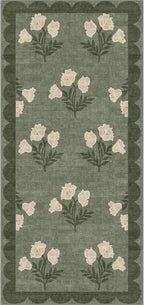 Outdoor Rug Floral Scalloped Mat, Sage Green, 2 x 4.25 ft