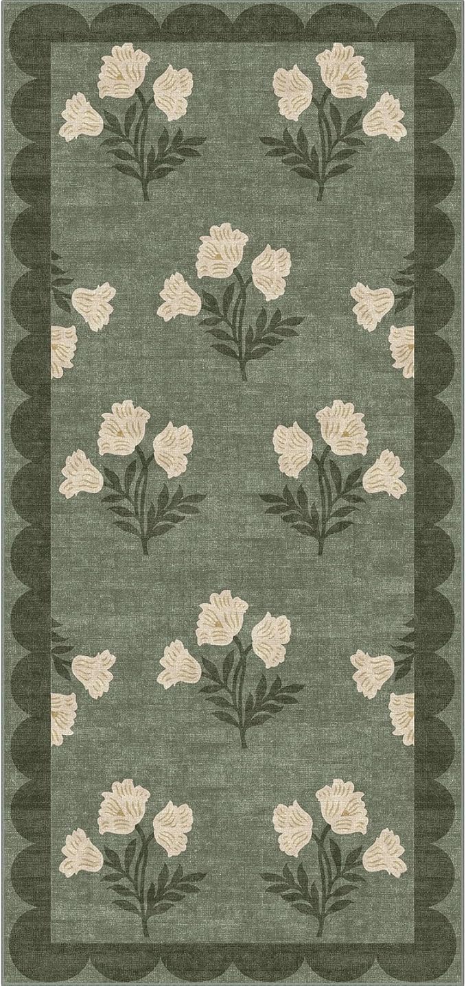 Outdoor Rug Floral Scalloped Mat, Sage Green, 2 x 4.25 ft