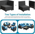 Jing's Villa 6-Piece Patio Furniture Set, All-Weather Outdoor Wicker Sectional Sofa with Cushions,Glass Table & Left and Right Armrest, Rattan Conversation Seating for Porch, Backyard,Peacock Blue