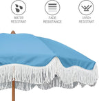 AMMSUN Boho Fringe Umbrella Outdoor Patio, 6.5ft UPF50+ Picnic Umbrella with Tassels with Steel Pole and Push Button Tilt, Blue