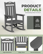 Oversized Outdoor Rocking Chairs Set of 2, High Back Porch Rocking Chair, HDPE All Weather Resistant Rocking Chairs for Patio, 380lbs Weight Capacity, Dark Grey