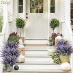 6Pcs Artificial Grass Fake Plants 17.3in Outdoor Plants UV Resistant Faux Greenery Stems Fake Grass for Home Window Garden Office Patio Pathway Front Porch Halloween Décor Green & Purple