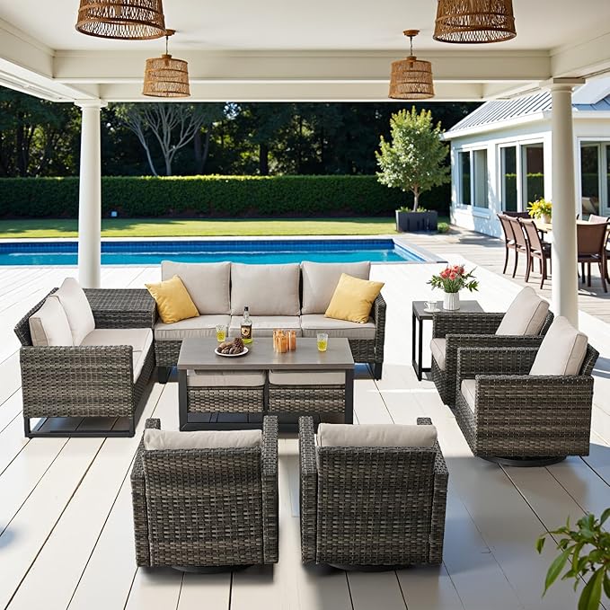 Belord Spacious 11 Pieces Patio Conversation Set - 5-Seater Outdoor Furniture Sectional Sets with Swivel Glider Chairs Set of 4 and Storage Box, Metal Top Coffee Table with Embedded Ottoman Gray