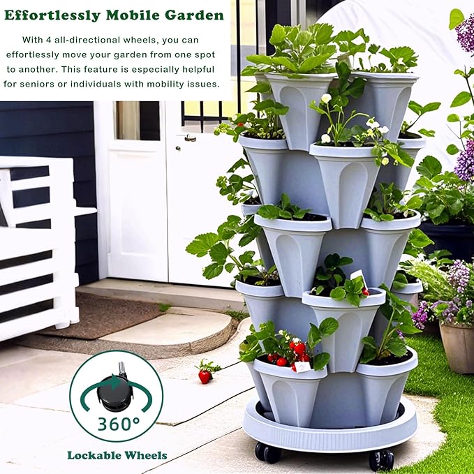 Strawberry Planters, 7 Tiered Vertical Stackable Planter, Herb Stacking Tower Garden, Flower Vegetable Planters with Support Pole, Indoor & Outdoor with Removable Wheels - White