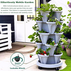 Strawberry Planters, 7 Tiered Vertical Stackable Planter, Herb Stacking Tower Garden, Flower Vegetable Planters with Support Pole, Indoor & Outdoor with Removable Wheels - White