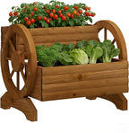 Wooden Wagon Planter Flower Cart with Wheels Garden Box Garden Planter, Decorative Planter for Flowers Herbs Vegetables for Indoor & Outdoor Décor Flower Cart for Patio Garden Balcony (Brown)