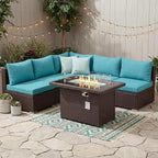 NICESOUL 6 Piece L-Shaped Patio Furniture Set with Fire Pit Table Natural Gas/Propane, 29.3'' High-Back Deep Wide Seat Outdoor Conversations, XL Big Fireplace Couches, Brown Rattan and Teal Cushion