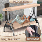 3 Seat Outdoor Porch Patio Swing with Stand 800lbs 2-in-1 Convertible Swing Bed with Adjustable Canopy & Removable Cushion for Yard Garden Deck (Khaki, Square Tube)