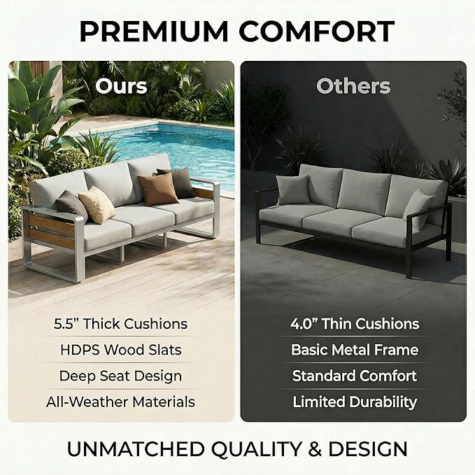 ZANDOR Outdoor Aluminum Patio Furniture - 1 Pcs 3-Seat, All-Weather Metal Modern Outside Sofa with Washable Thick Cushion for Garden/Backyard/Porch, Silver